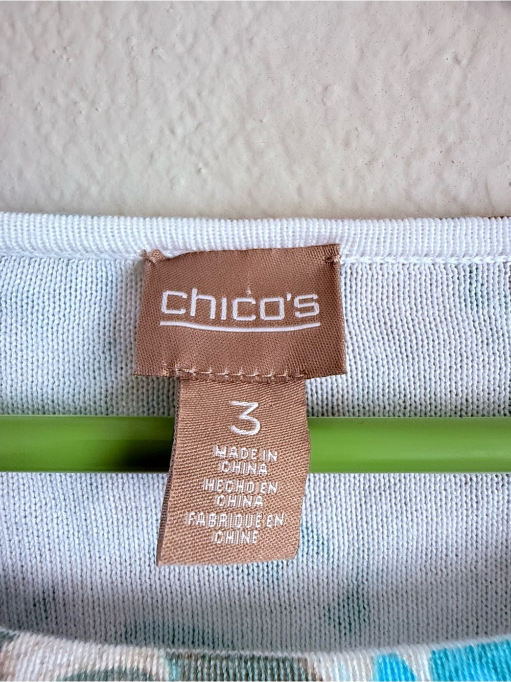 Chico's Blue/Teal Paisley Cotton Blend Knit Top 3/4 Sleeve Pullover Boho Size 3 - Picture 4 of 5
